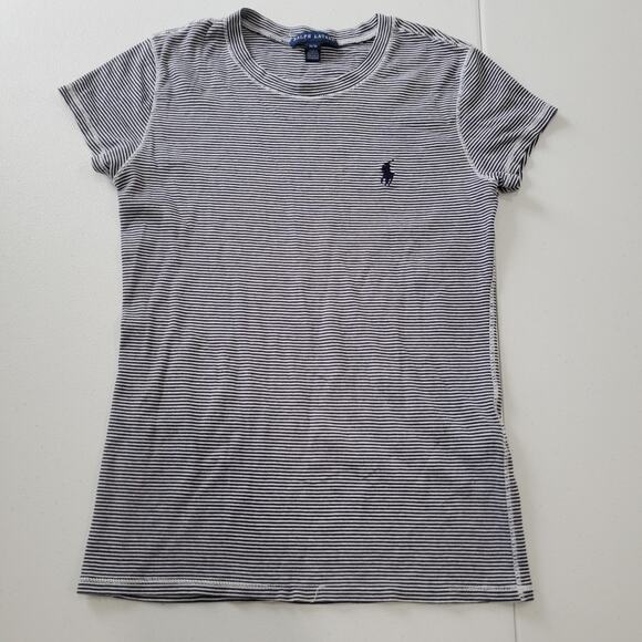 Y2K Ralph Lauren Shirt Womens Medium Navy Striped Crewneck Short Sleeve Fitted - Picture 1 of 9